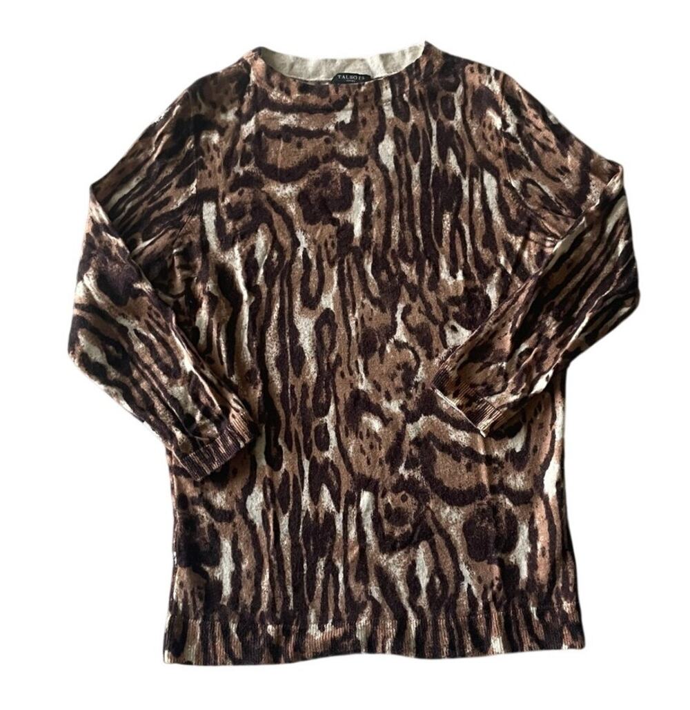 Talbots Merino Wool Size Small Petite Leopard Sweater Layering Warm Staple